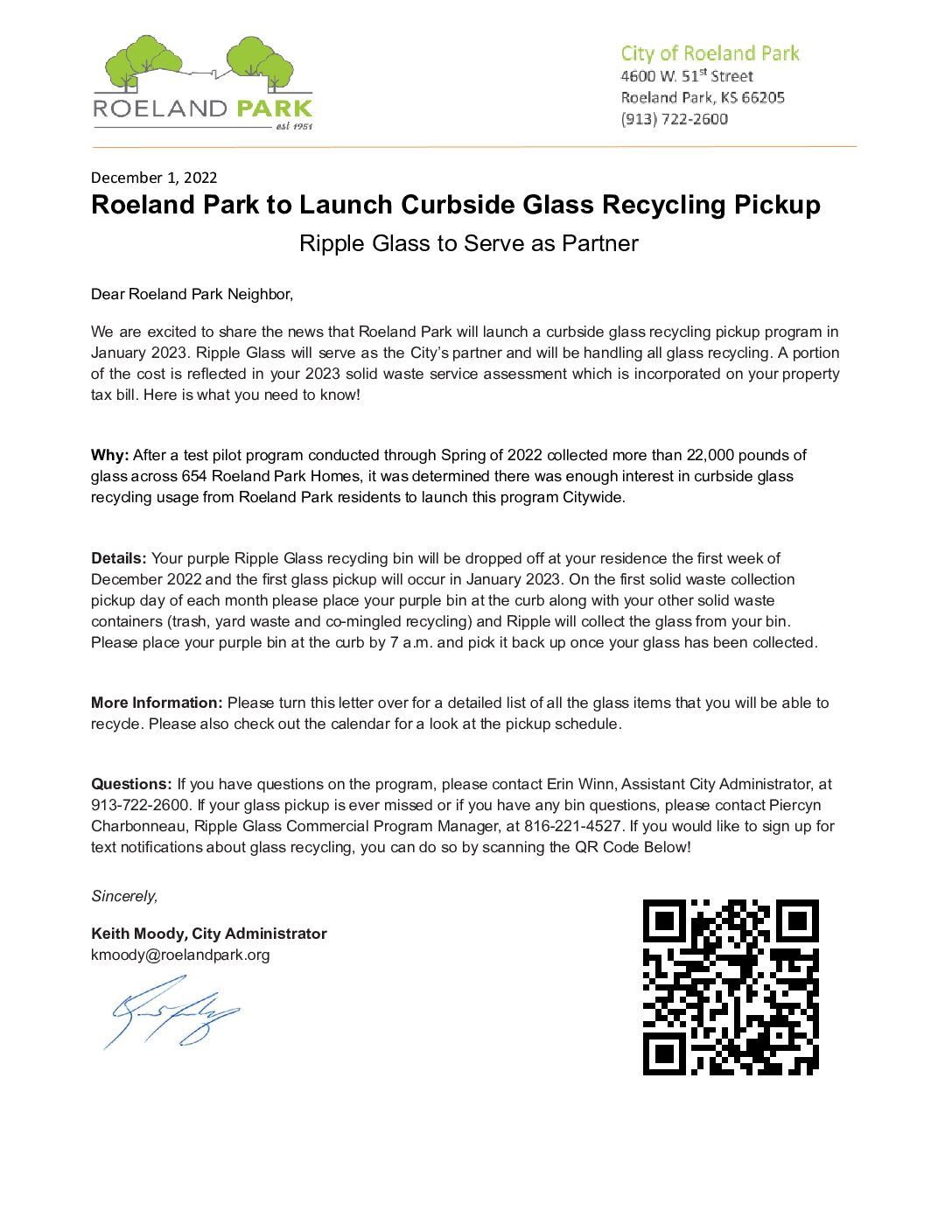Letter from City Administrator Keith Moody on Curbside Glass Recycling
